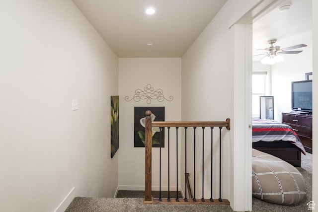 1018 S Valley View Ct, Moab, UT 84532 - stairway featuring carpet, a ceiling fan, and recessed lighting