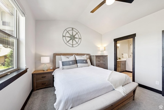 14482 N Buck Horn Trl Unit 50A, Heber City, UT 84032 - bedroom with vaulted ceiling, light carpet, ensuite bath, and ceiling fan