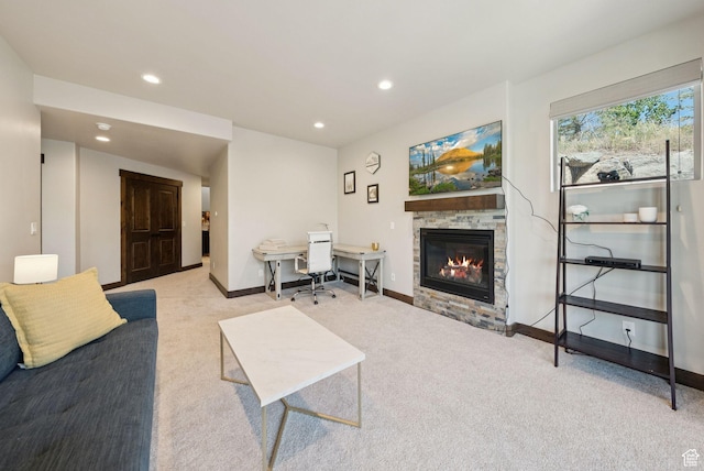14482 N Buck Horn Trl Unit 50A, Heber City, UT 84032 - living room featuring carpet, a glass covered fireplace, recessed lighting, and an office area