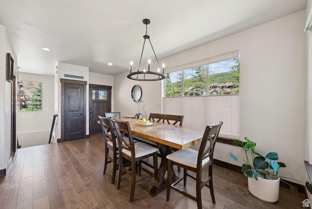 14482 N Buck Horn Trl Unit 50A, Heber City, UT 84032 - dining area with dark wood finished floors, a chandelier, and recessed lighting