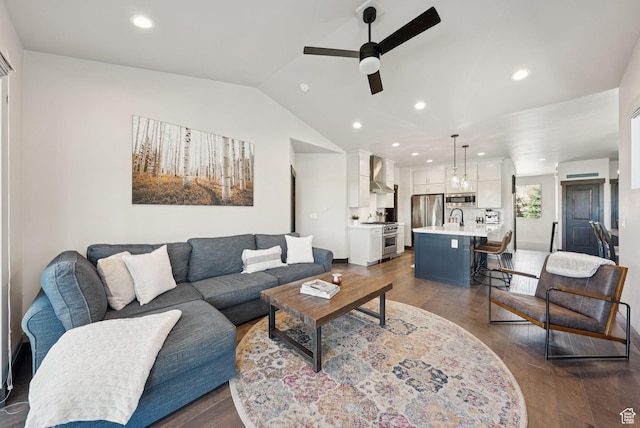 14482 N Buck Horn Trl Unit 50A, Heber City, UT 84032 - living area featuring a ceiling fan, lofted ceiling, dark wood finished floors, and recessed lighting