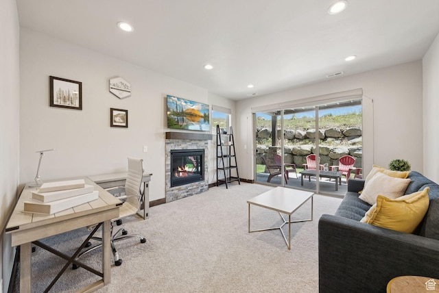 14482 N Buck Horn Trl Unit 50A, Heber City, UT 84032 - carpeted living room featuring a fireplace, recessed lighting, and an office area