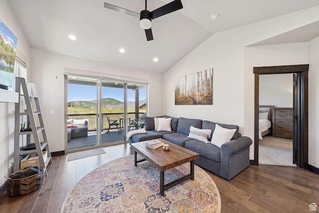 14482 N Buck Horn Trl Unit 50A, Heber City, UT 84032 - living area with a ceiling fan, vaulted ceiling, dark wood-style floors, and recessed lighting