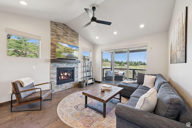 14482 N Buck Horn Trl Unit 50A, Heber City, UT 84032 - living room featuring wood finished floors, ceiling fan, a fireplace, recessed lighting, and high vaulted ceiling