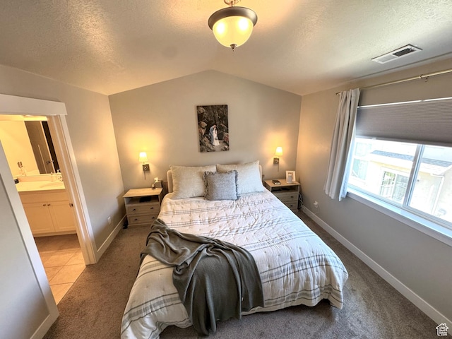 933 S 2100 W, Orem, UT 84059 - bedroom featuring a textured ceiling, lofted ceiling, carpet flooring, and ensuite bath
