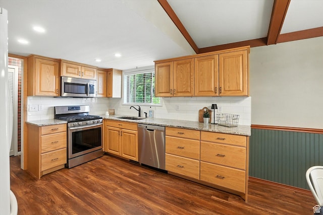 80 S 6000 W, Mendon, UT 84325 - kitchen featuring appliances with stainless steel finishes, light stone countertops, backsplash, dark wood finished floors, and recessed lighting