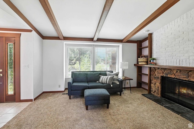 80 S 6000 W, Mendon, UT 84325 - carpeted living room featuring beamed ceiling and a fireplace
