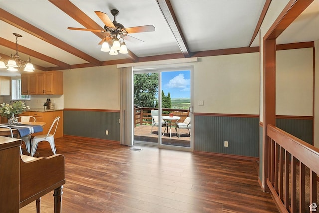 80 S 6000 W, Mendon, UT 84325 - living area with a wainscoted wall, beamed ceiling, a ceiling fan, hardwood / wood-style floors, and a chandelier
