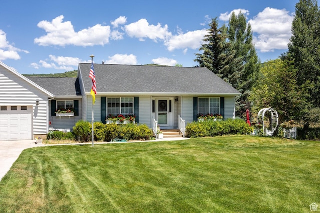 2565 E Woodland Way, Kamas, UT 84036 - ranch-style house with a front lawn, driveway, a garage, and a shingled roof