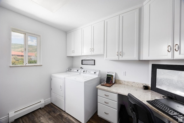 2565 E Woodland Way, Kamas, UT 84036 - laundry area with a baseboard radiator, independent washer and dryer, cabinet space, dark wood finished floors, and an office area