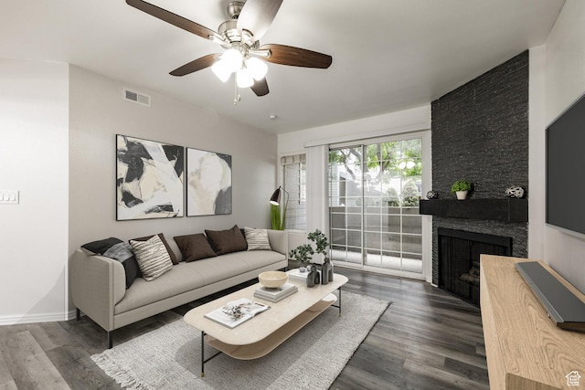 650 S Main St Unit 3102, Bountiful, UT 84010 - living area with ceiling fan, wood finished floors, and a large fireplace