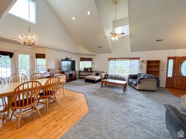 398 E Wells Fargo Rd, Brookside, UT 84782 - dining room with high vaulted ceiling, light wood-style flooring, recessed lighting, a ceiling fan, and a chandelier