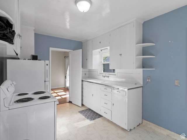 1740 E Harrison Ave, Salt Lake City, UT 84108 - kitchen with white appliances, light flooring, light countertops, and open shelves