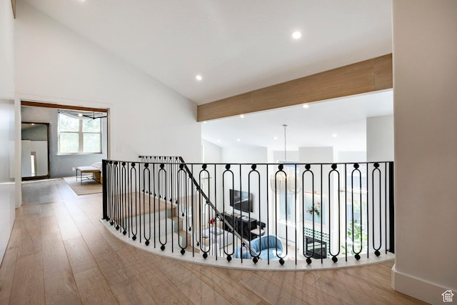 1675 W Silver Springs Rd, Park City, UT 84098 - hall featuring recessed lighting, wood finished floors, a chandelier, and lofted ceiling