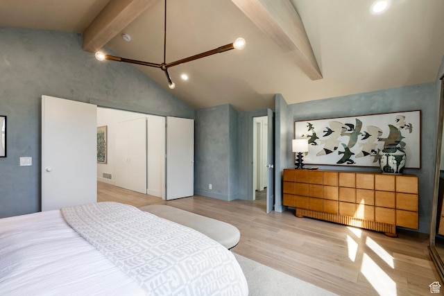 1675 W Silver Springs Rd, Park City, UT 84098 - bedroom with beamed ceiling, light wood-style flooring, a closet, recessed lighting, and high vaulted ceiling