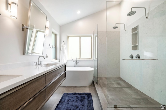 1675 W Silver Springs Rd, Park City, UT 84098 - full bath featuring vaulted ceiling, walk in shower, double vanity, and a freestanding bath