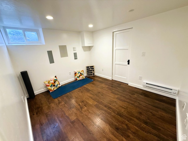 1990 E 400 N, Mapleton, UT 84664 - below grade area with a baseboard radiator, dark wood-style floors, and recessed lighting
