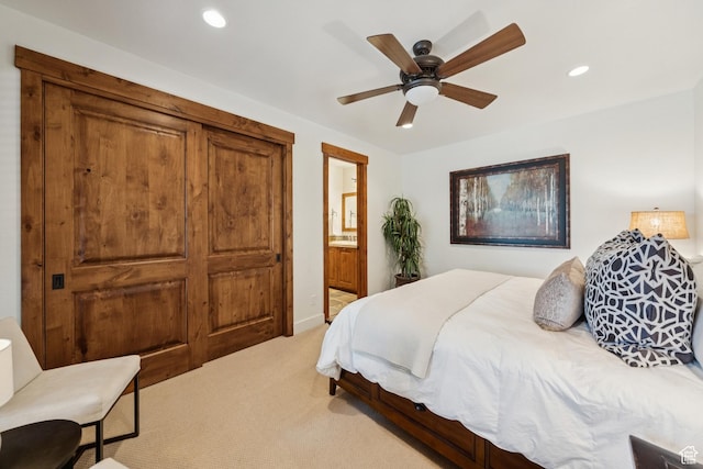 9388 Dye Cabins Dr, Park City, UT 84098 - bedroom with light carpet, recessed lighting, ensuite bath, and ceiling fan