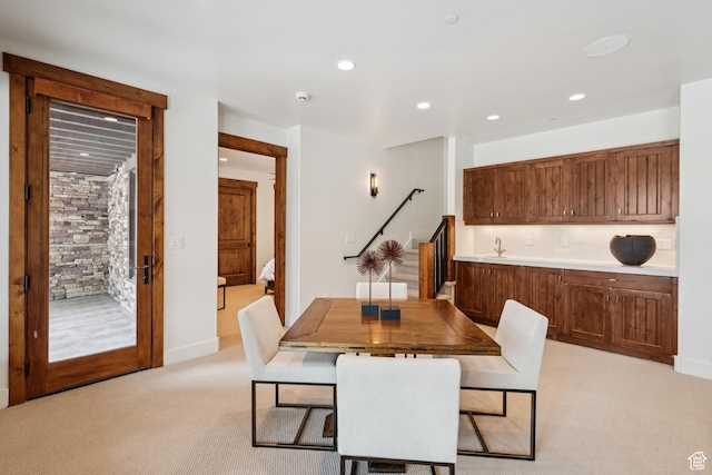 9388 Dye Cabins Dr, Park City, UT 84098 - dining space with light colored carpet, recessed lighting, and stairway