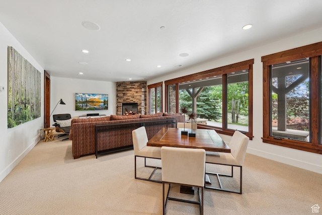 9388 Dye Cabins Dr, Park City, UT 84098 - dining space with recessed lighting, light colored carpet, and a stone fireplace