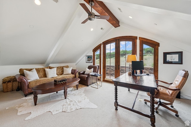 9388 Dye Cabins Dr, Park City, UT 84098 - office area with light colored carpet, french doors, a ceiling fan, and recessed lighting
