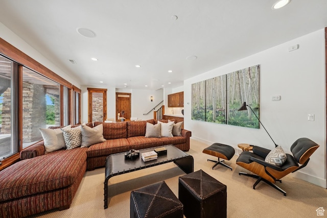 9388 Dye Cabins Dr, Park City, UT 84098 - living room featuring recessed lighting, light colored carpet, and stairway