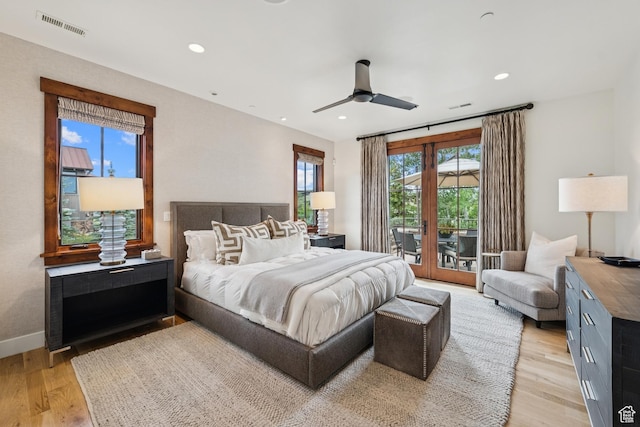 9388 Dye Cabins Dr, Park City, UT 84098 - bedroom featuring access to exterior, light wood-style flooring, recessed lighting, and a ceiling fan