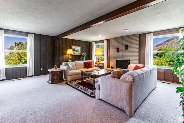 342 E State St, Farmington, UT 84025 - living area featuring a textured ceiling, carpet, plenty of natural light, wooden walls, and a brick fireplace