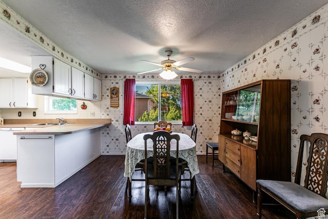 342 E State St, Farmington, UT 84025 - dining space featuring wallpapered walls, dark wood-style floors, ceiling fan, and a textured ceiling