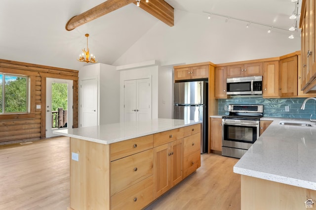 1538 N Mackinaw Way, Garden City, UT 84028 - kitchen featuring appliances with stainless steel finishes, light wood finished floors, backsplash, light stone countertops, and a chandelier
