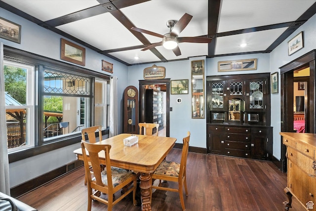 367 W 400 N, Malad City, ID 83252 - dining space featuring wood finished floors, a ceiling fan, and beam ceiling
