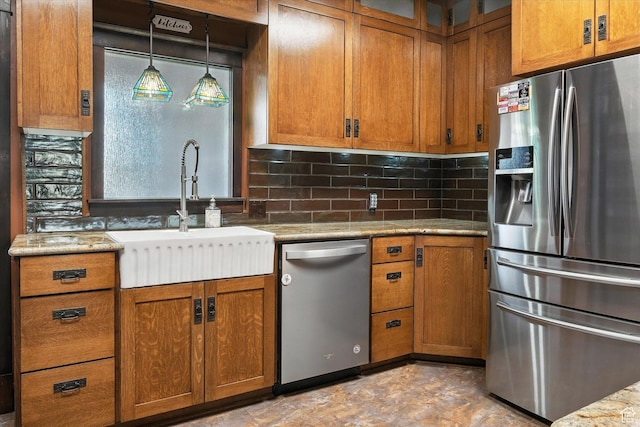 367 W 400 N, Malad City, ID 83252 - kitchen with appliances with stainless steel finishes, brown cabinets, tasteful backsplash, glass insert cabinets, and light stone counters