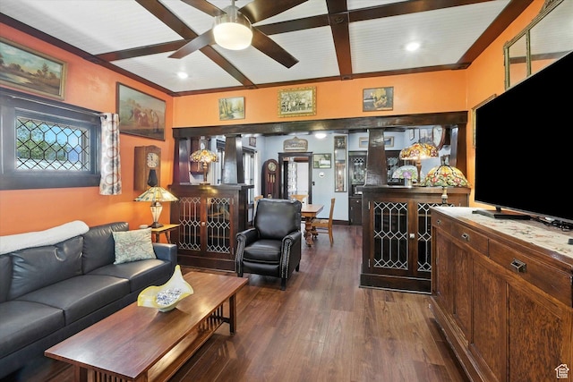 367 W 400 N, Malad City, ID 83252 - living area featuring beamed ceiling, wood finished floors, and a ceiling fan