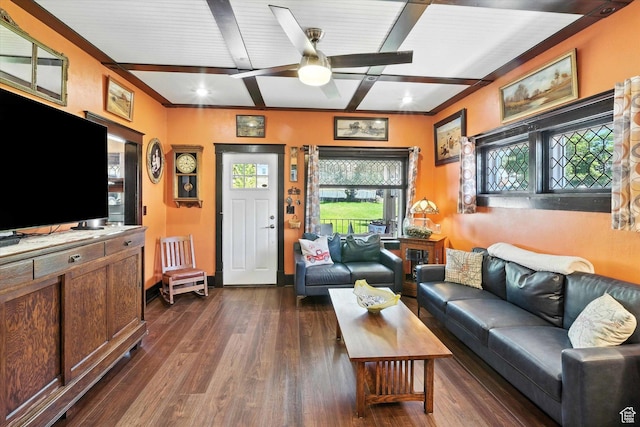 367 W 400 N, Malad City, ID 83252 - living room featuring beam ceiling, ceiling fan, and dark wood finished floors