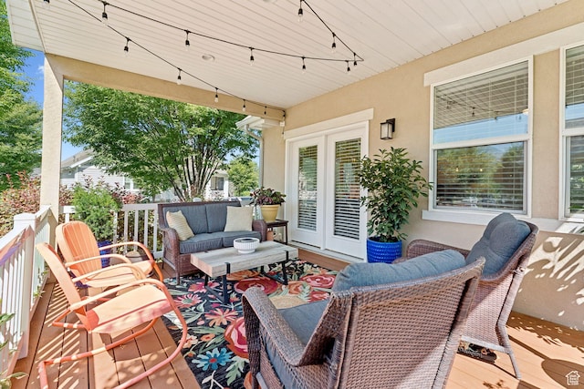 693 S Silver Leaf Dr W, Mapleton, UT 84664 - view of patio / terrace featuring an outdoor living space, french doors, and a wooden deck