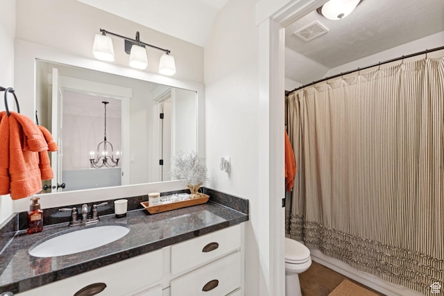 693 S Silver Leaf Dr W, Mapleton, UT 84664 - bathroom with vanity, tile patterned flooring, a chandelier, and lofted ceiling