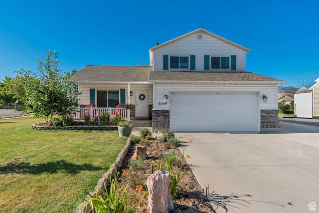 3149 E 1610 S, Spanish Fork, UT 84660 - traditional-style home with a porch, driveway, a garage, and a front lawn