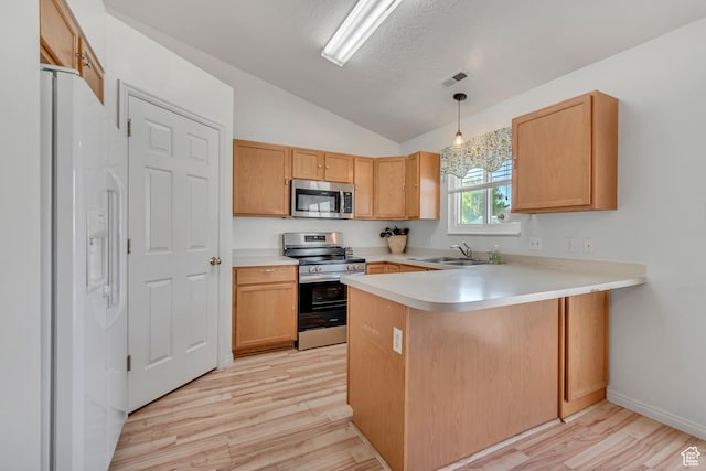 3149 E 1610 S, Spanish Fork, UT 84660 - kitchen featuring appliances with stainless steel finishes, lofted ceiling, a peninsula, light wood-style flooring, and light countertops