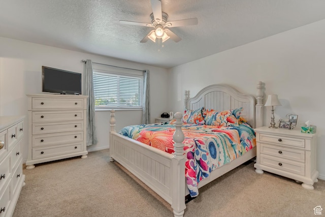 3149 E 1610 S, Spanish Fork, UT 84660 - bedroom with light carpet, a textured ceiling, and a ceiling fan