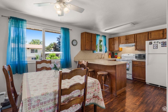 5062 S 2875 W, Roy, UT 84067 - kitchen with white appliances, under cabinet range hood, dark wood-style floors, and brown cabinetry