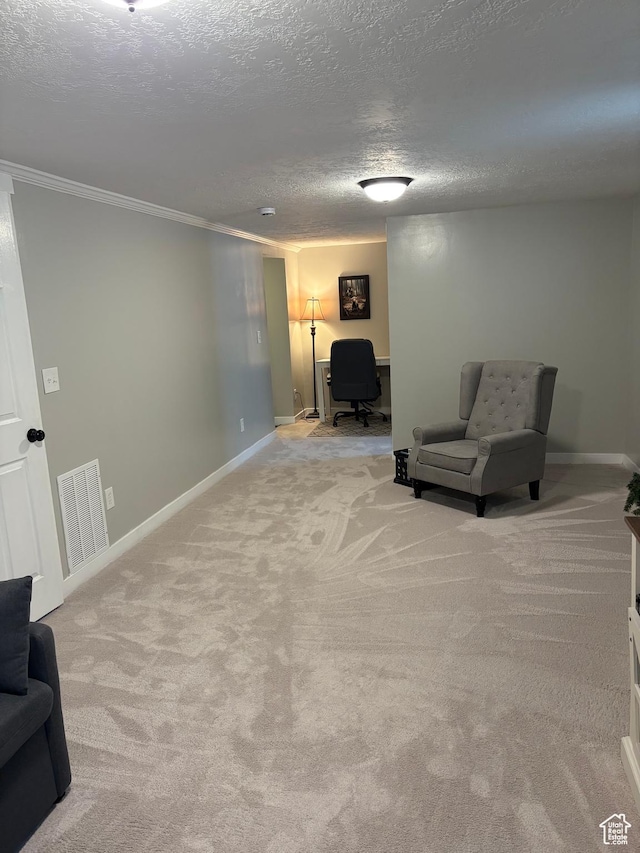 2044 Madison Ave, Ogden, UT 84401 - sitting room featuring light carpet, an office area, ornamental molding, and a textured ceiling
