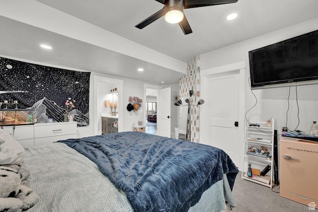 2673 S 4950 W, Taylor, UT 84401 - bedroom with carpet flooring, recessed lighting, ceiling fan, and connected bathroom