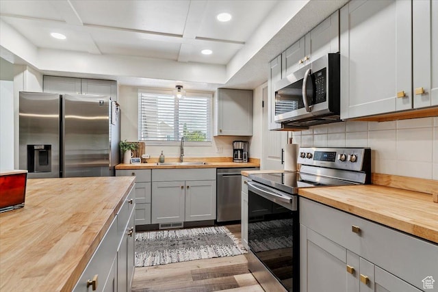 5659 Woodshire Ct, South Ogden, UT 84403 - kitchen with wood counters, stainless steel appliances, wood finished floors, gray cabinets, and backsplash