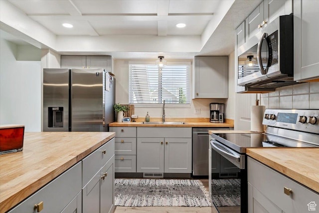 5659 Woodshire Ct, South Ogden, UT 84403 - kitchen with butcher block countertops, stainless steel appliances, gray cabinetry, and recessed lighting