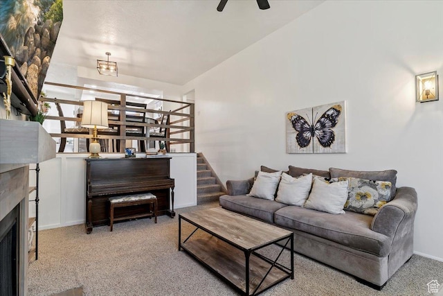 5659 Woodshire Ct, South Ogden, UT 84403 - living room featuring carpet, ceiling fan, and a fireplace