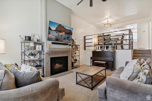 5659 Woodshire Ct, South Ogden, UT 84403 - living area featuring ceiling fan, carpet, and a fireplace