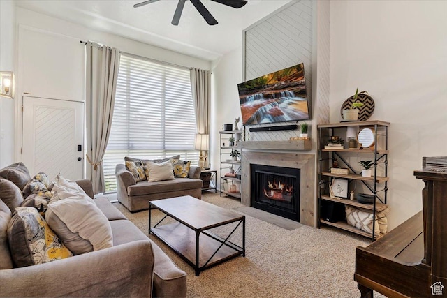5659 Woodshire Ct, South Ogden, UT 84403 - carpeted living area with ceiling fan and a fireplace with flush hearth