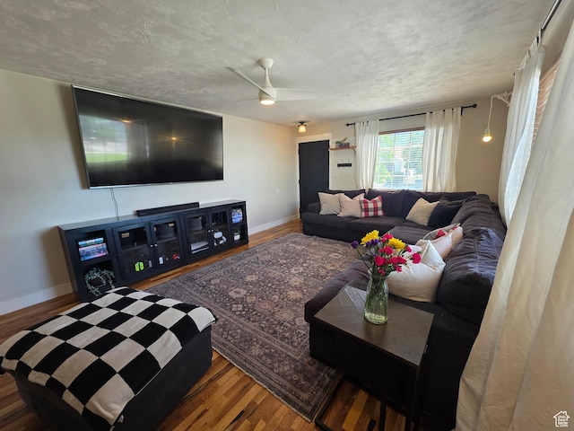 1525 N 1250 W, Provo, UT 84604 - living room featuring wood finished floors, a ceiling fan, and a textured ceiling