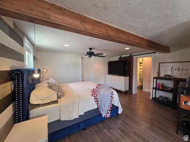 1525 N 1250 W, Provo, UT 84604 - bedroom with a barn door, wood finished floors, beamed ceiling, recessed lighting, and a textured ceiling