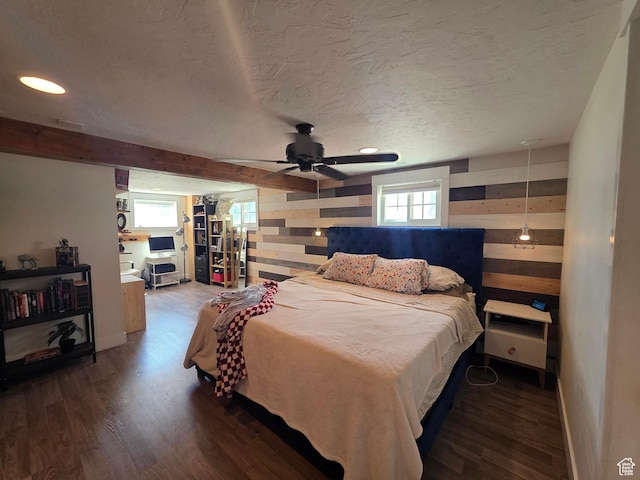 1525 N 1250 W, Provo, UT 84604 - bedroom with wood finished floors, wooden walls, a textured ceiling, recessed lighting, and a ceiling fan